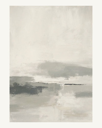 Abstrakt måleriskt motiv i varm ljus gråvit, benvit, mellangrå, gråsvart. Breda, ojämna färglager möts kring en avbruten horisont och lämnar gott om ljus luft. 40 × 50 cm.