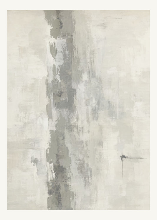 Abstrakt måleriskt motiv i varm ljus gråvit, benvit, mellangrå, gråsvart. Ett brutet lodrätt färgstråk möter tunna utsuddade slöjor och en liten förskjuten accent. 50 × 70 cm.