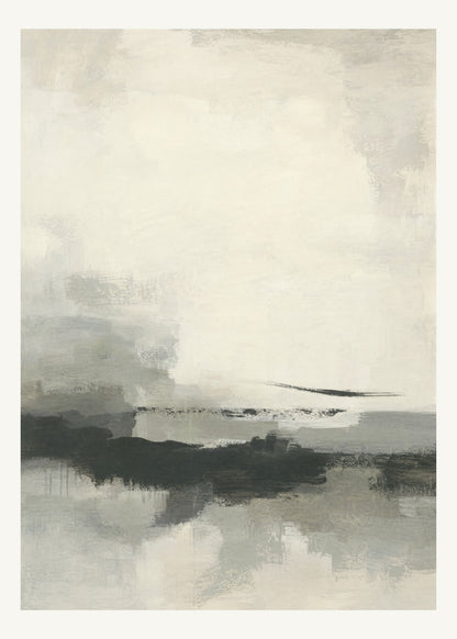 Abstrakt måleriskt motiv i varm vit, mjukt kolsvart, grå. Breda, ojämna färglager möts kring en avbruten horisont och lämnar gott om ljus luft. 50 × 70 cm.