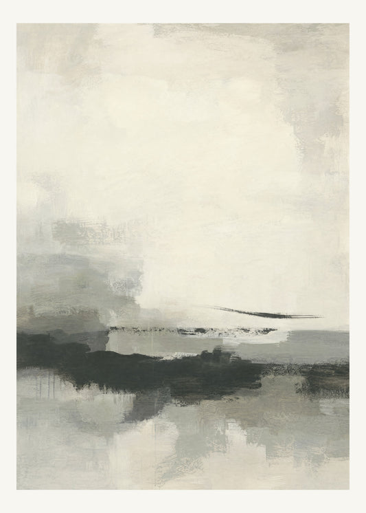 Abstrakt måleriskt motiv i varm vit, mjukt kolsvart, grå. Breda, ojämna färglager möts kring en avbruten horisont och lämnar gott om ljus luft. 50 × 70 cm.