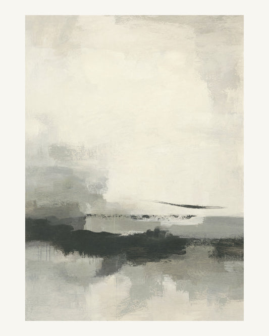 Abstrakt måleriskt motiv i varm vit, mjukt kolsvart, grå. Breda, ojämna färglager möts kring en avbruten horisont och lämnar gott om ljus luft. 40 × 50 cm.