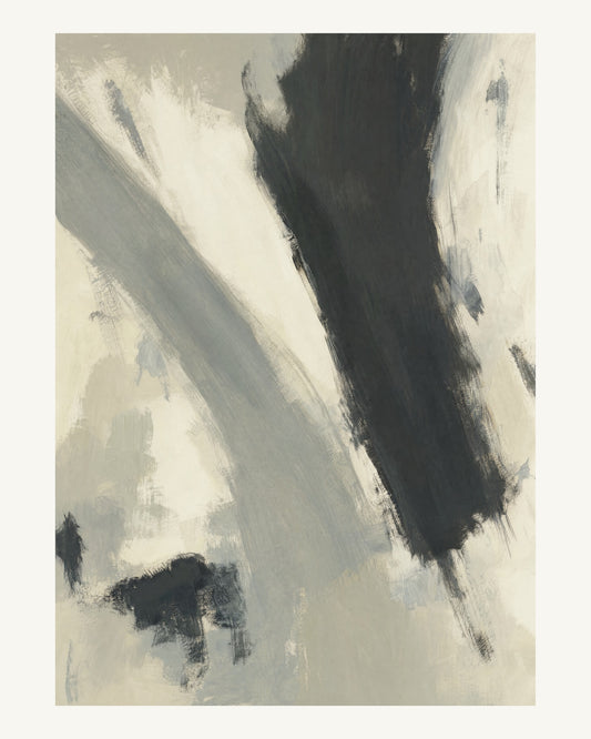 Abstrakt måleriskt motiv i varm vit, mjukt kolsvart, grå. Två olika penselrörelser möts i en öppen, asymmetrisk komposition med synliga underliggande färglager. 40 × 50 cm.