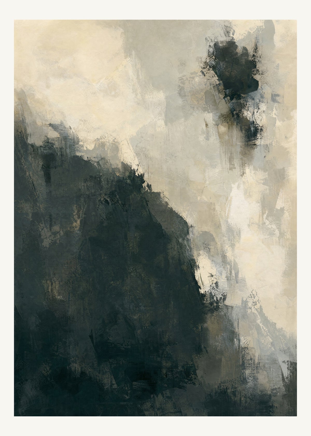 Abstrakt måleriskt motiv i varm vit, mjukt kolsvart, grå. Ett fylligt, oregelbundet färgfält får tyngd av skrapade lager och bryts av ljusare öppningar. 50 × 70 cm.