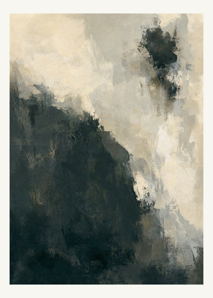 Abstrakt måleriskt motiv i varm vit, mjukt kolsvart, grå. Ett fylligt, oregelbundet färgfält får tyngd av skrapade lager och bryts av ljusare öppningar. 50 × 70 cm.