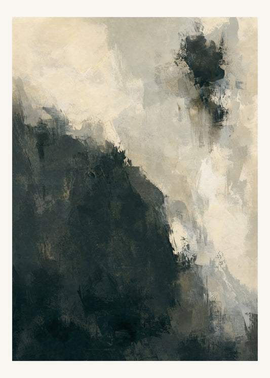 Abstrakt måleriskt motiv i varm vit, mjukt kolsvart, grå. Ett fylligt, oregelbundet färgfält får tyngd av skrapade lager och bryts av ljusare öppningar. 50 × 70 cm.