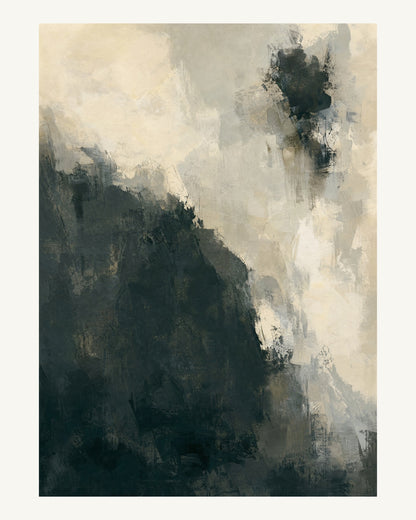Abstrakt måleriskt motiv i varm vit, mjukt kolsvart, grå. Ett fylligt, oregelbundet färgfält får tyngd av skrapade lager och bryts av ljusare öppningar. 40 × 50 cm.