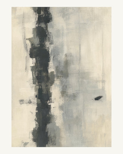 Abstrakt måleriskt motiv i varm vit, mjukt kolsvart, grå. Ett brutet lodrätt färgstråk möter tunna utsuddade slöjor och en liten förskjuten accent. 40 × 50 cm.