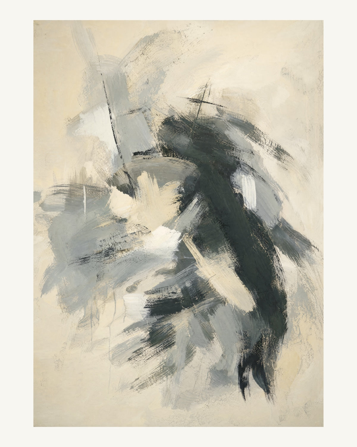 Abstrakt måleriskt motiv i varm vit, mjukt kolsvart, grå. Korta, torra penseldrag möter en bredare rörelse i en färgrik mittpunkt med luft runt omkring. 40 × 50 cm.