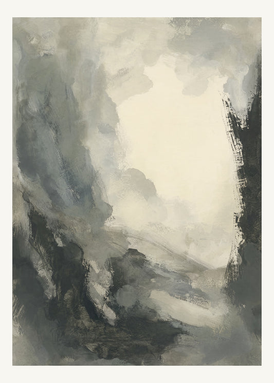 Abstrakt måleriskt motiv i varm vit, mjukt kolsvart, grå. Mjuka färgfält löser upp sig kring ett ljust mellanrum, med diskreta skrapningar som ger ytan liv. 50 × 70 cm.