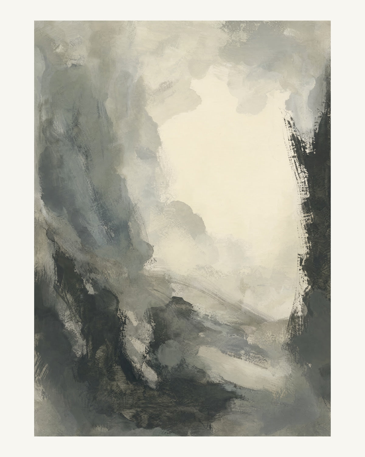Abstrakt måleriskt motiv i varm vit, mjukt kolsvart, grå. Mjuka färgfält löser upp sig kring ett ljust mellanrum, med diskreta skrapningar som ger ytan liv. 40 × 50 cm.