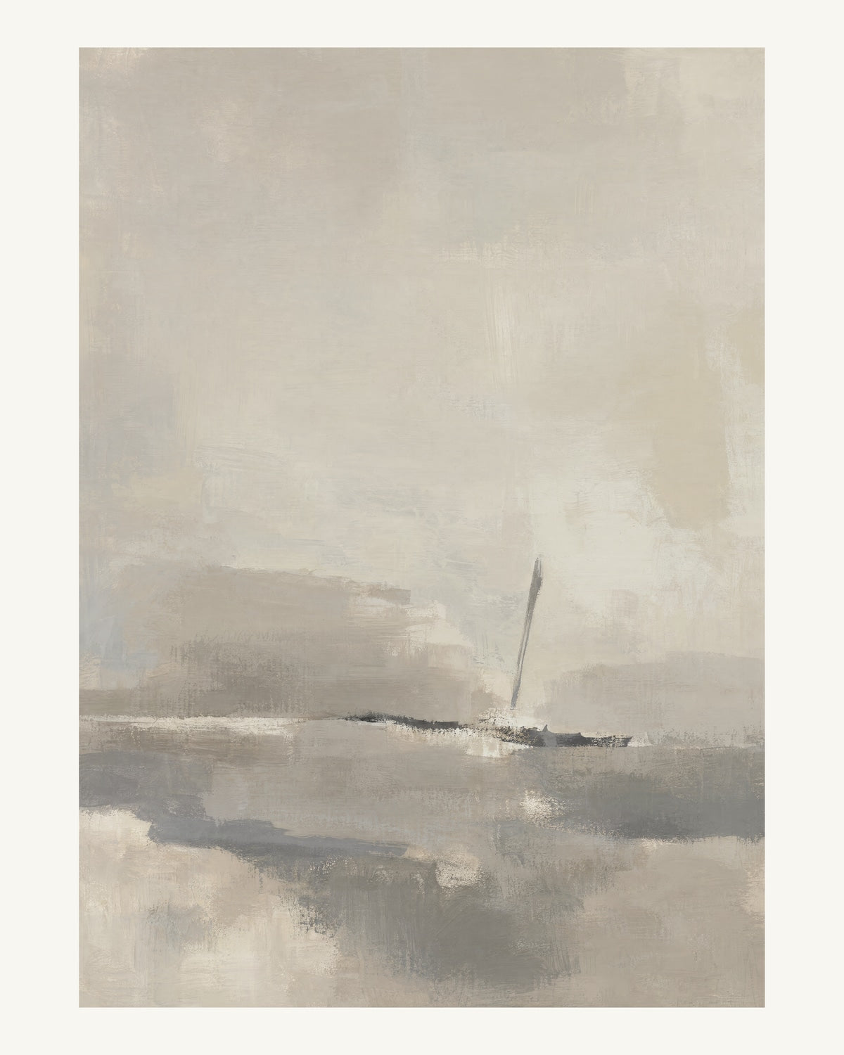 Abstrakt måleriskt motiv i varm taupegrå, ljus gilver/beige, kolgrå. Breda, ojämna färglager möts kring en avbruten horisont och lämnar gott om ljus luft. 40 × 50 cm.