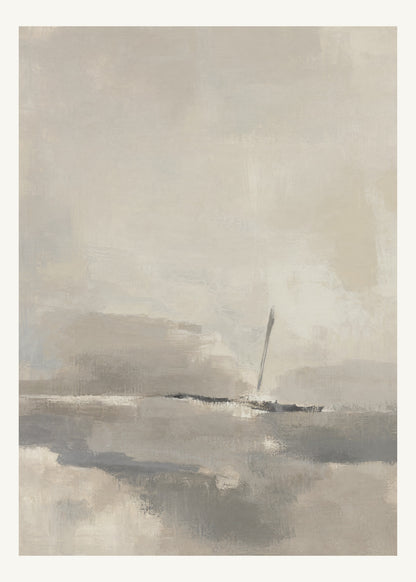Abstrakt måleriskt motiv i varm taupegrå, ljus gilver/beige, kolgrå. Breda, ojämna färglager möts kring en avbruten horisont och lämnar gott om ljus luft. 50 × 70 cm.