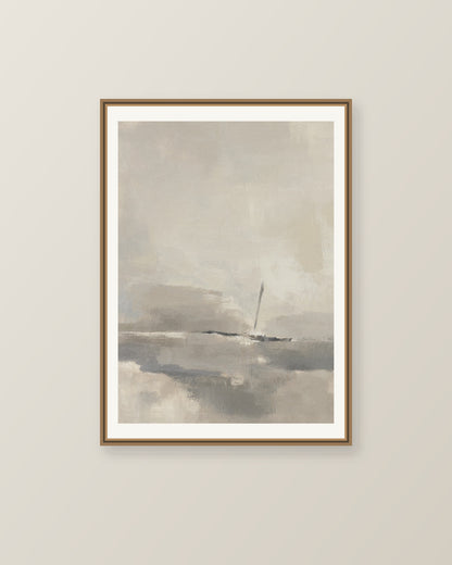 Abstrakt måleriskt motiv i varm taupegrå, ljus gilver/beige, kolgrå. Breda, ojämna färglager möts kring en avbruten horisont och lämnar gott om ljus luft. Illustrerad inramningsvy. Ram ingår inte.