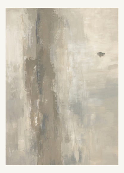 Abstrakt måleriskt motiv i varm taupegrå, ljus gilver/beige, kolgrå. Ett brutet lodrätt färgstråk möter tunna utsuddade slöjor och en liten förskjuten accent. 50 × 70 cm.