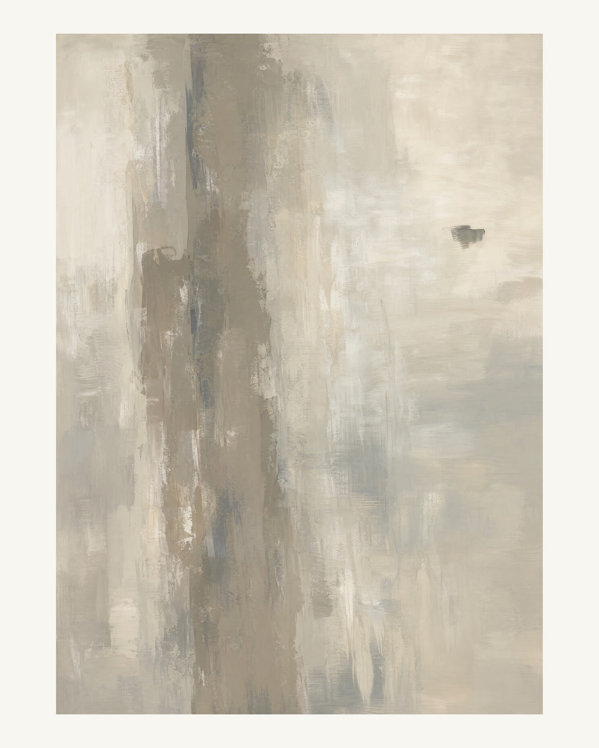 Abstrakt måleriskt motiv i varm taupegrå, ljus gilver/beige, kolgrå. Ett brutet lodrätt färgstråk möter tunna utsuddade slöjor och en liten förskjuten accent. 40 × 50 cm.