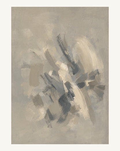 Abstrakt måleriskt motiv i varm taupegrå, ljus gilver/beige, kolgrå. Korta, torra penseldrag möter en bredare rörelse i en färgrik mittpunkt med luft runt omkring. 40 × 50 cm.