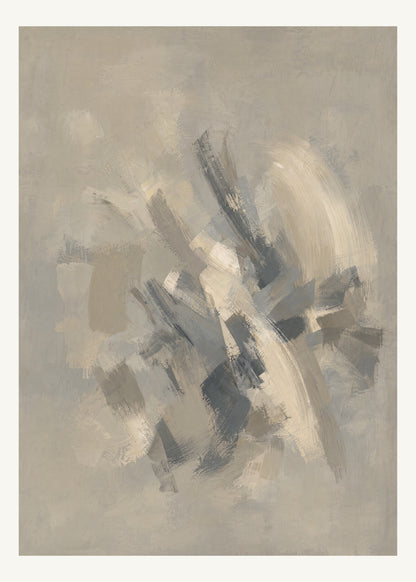 Abstrakt måleriskt motiv i varm taupegrå, ljus gilver/beige, kolgrå. Korta, torra penseldrag möter en bredare rörelse i en färgrik mittpunkt med luft runt omkring. 50 × 70 cm.