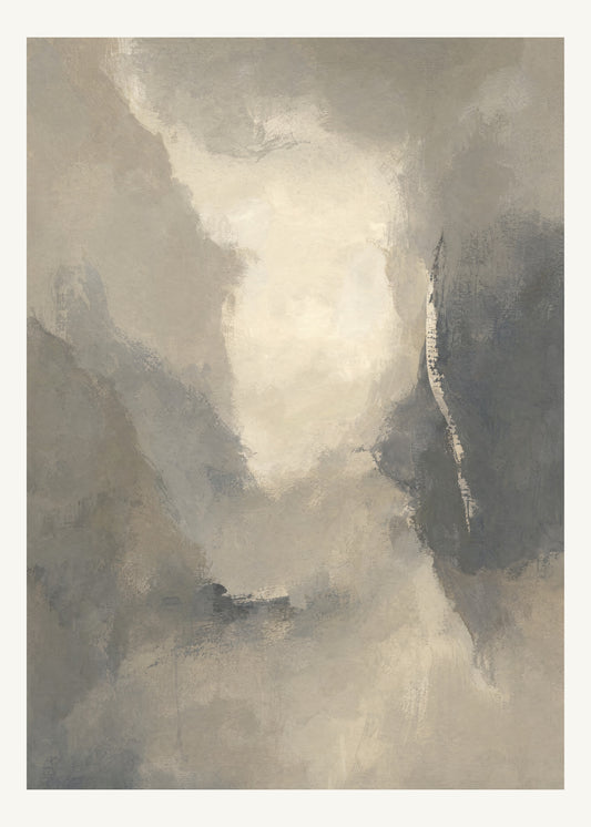 Abstrakt måleriskt motiv i varm taupegrå, ljus gilver/beige, kolgrå. Mjuka färgfält löser upp sig kring ett ljust mellanrum, med diskreta skrapningar som ger ytan liv. 50 × 70 cm.