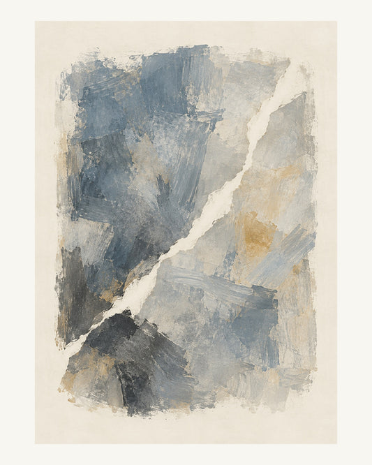 En ljus diagonal öppnar ett mörkare lager av blågrått och krita. Format 40 × 50 cm med ljus marginal.