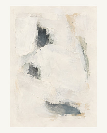 Breda, överlappande kalkvita fält döljer delar av ett dovt grått underlager. Format 40 × 50 cm med ljus marginal.