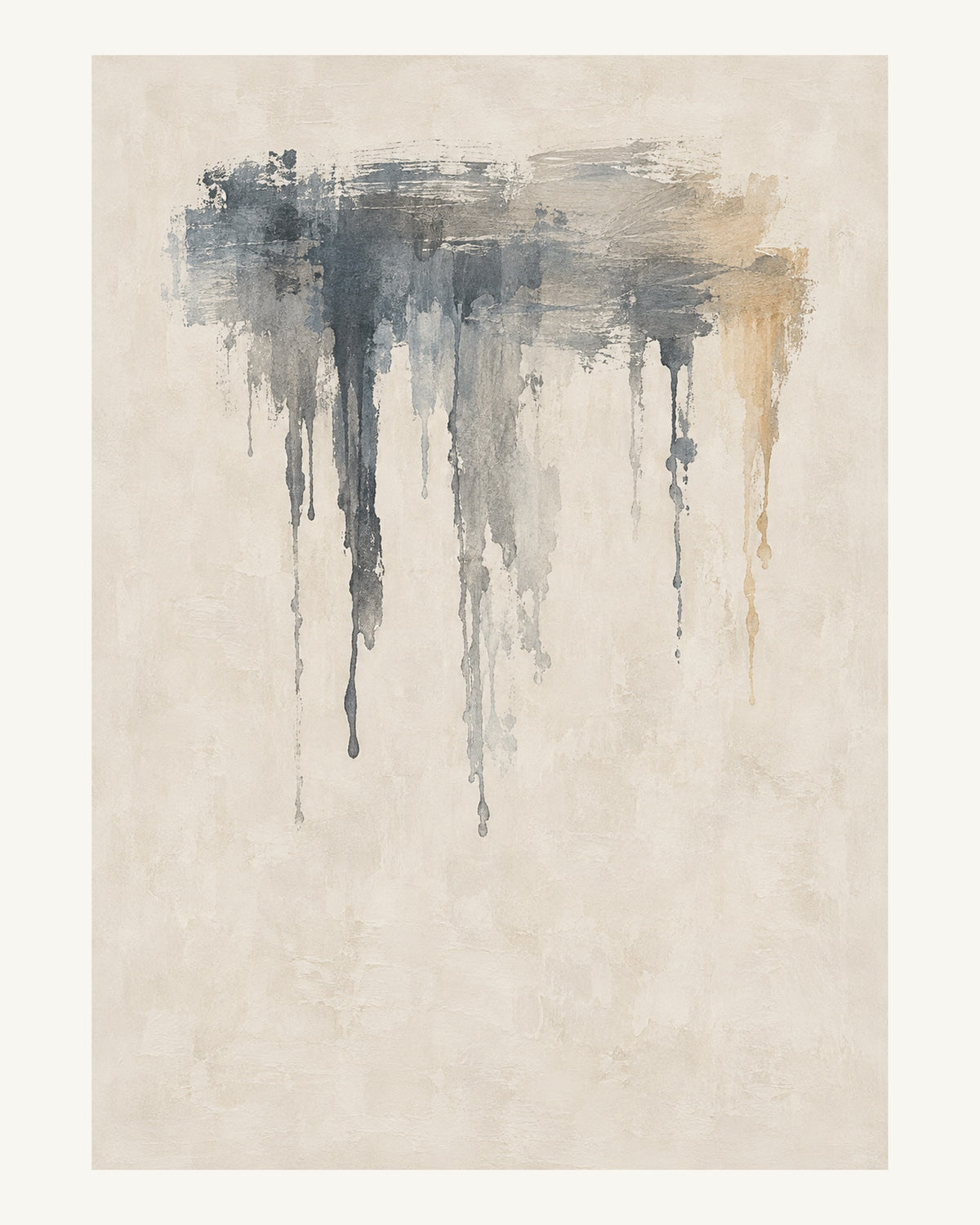 Tunna grå rinningar och breda ljusa penseldrag möts på kalkvit botten. Format 40 × 50 cm med ljus marginal.