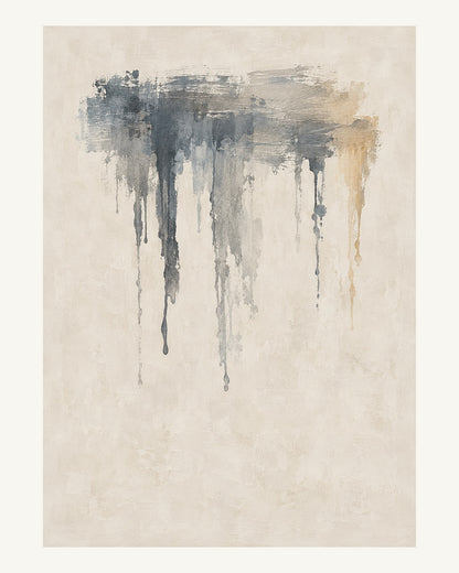 Tunna grå rinningar och breda ljusa penseldrag möts på kalkvit botten. Format 40 × 50 cm med ljus marginal.