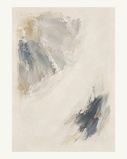 Två olika stora mineralfält balanserar varandra över en ljus yta. Format 40 × 50 cm med ljus marginal.