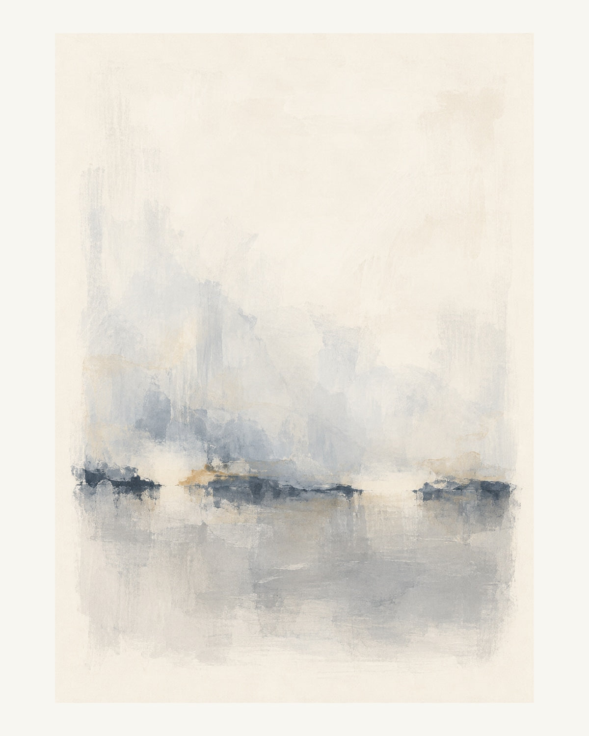En låg, bruten gråblå linje håller samman en luftig komposition. Format 40 × 50 cm med ljus marginal.