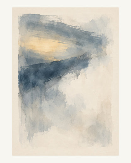 Ett blekt, varmt ljus lyser genom svala lager av gråblått. Format 40 × 50 cm med ljus marginal.