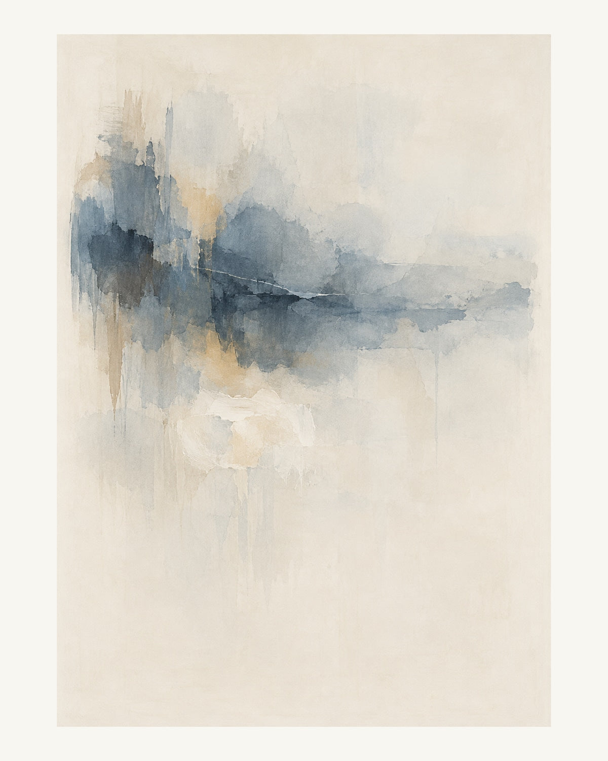 Ett mjukt gråblått färgfält vilar över en tunn kalkvit botten. Format 40 × 50 cm med ljus marginal.