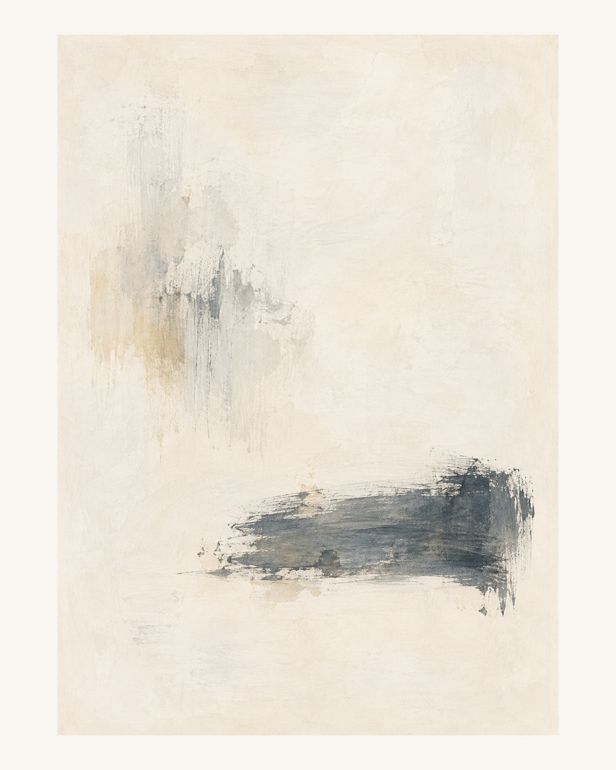 Ett mörkt liggande penseldrag balanseras av bleka spår och en stor ljus yta. Format 40 × 50 cm med ljus marginal.
