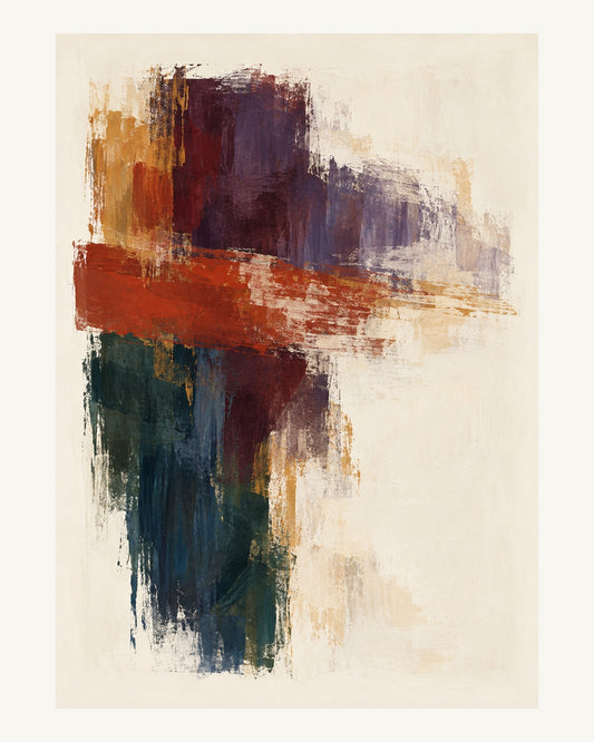 Ett starkt men brutet rostrött spår vilar intill ett mjukt auberginefärgat fält. Format 40 × 50 cm med ljus marginal.
