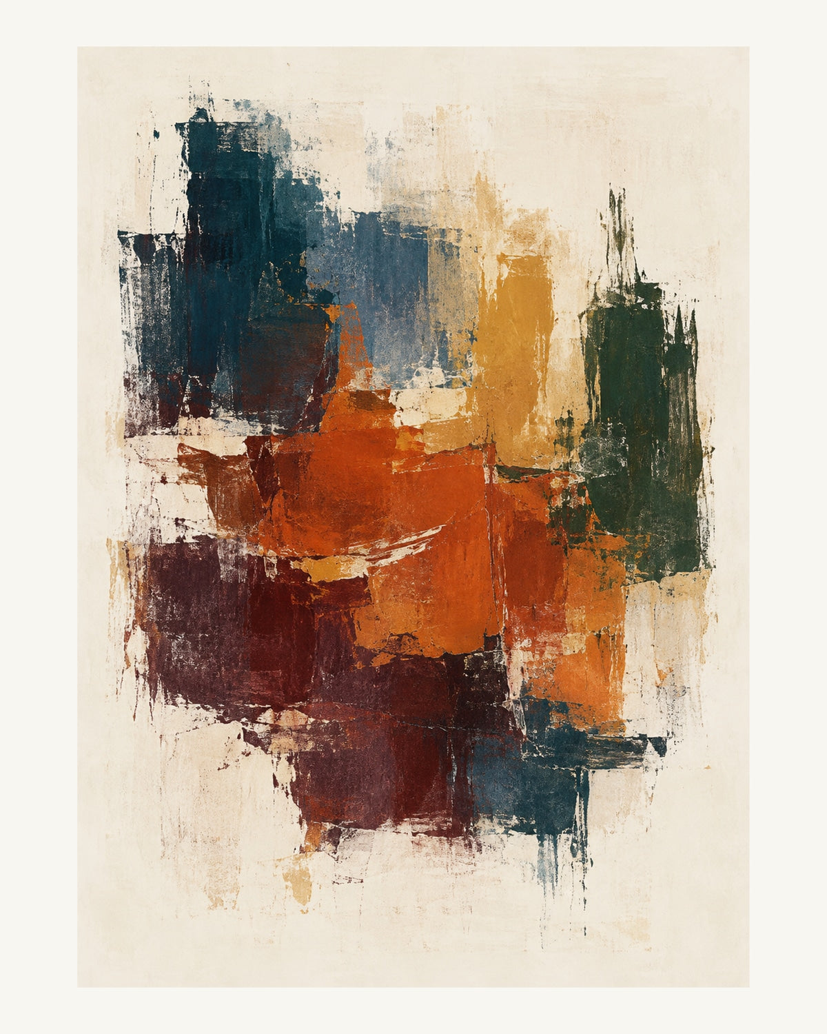 En tät färgansamling i bränd orange och plommon förankrar en ljus komposition. Format 40 × 50 cm med ljus marginal.