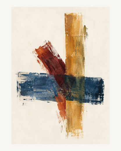 Tre breda penselspår i blått, vinrött och varm ockra korsar varandra i olika riktningar. Format 40 × 50 cm med ljus marginal.