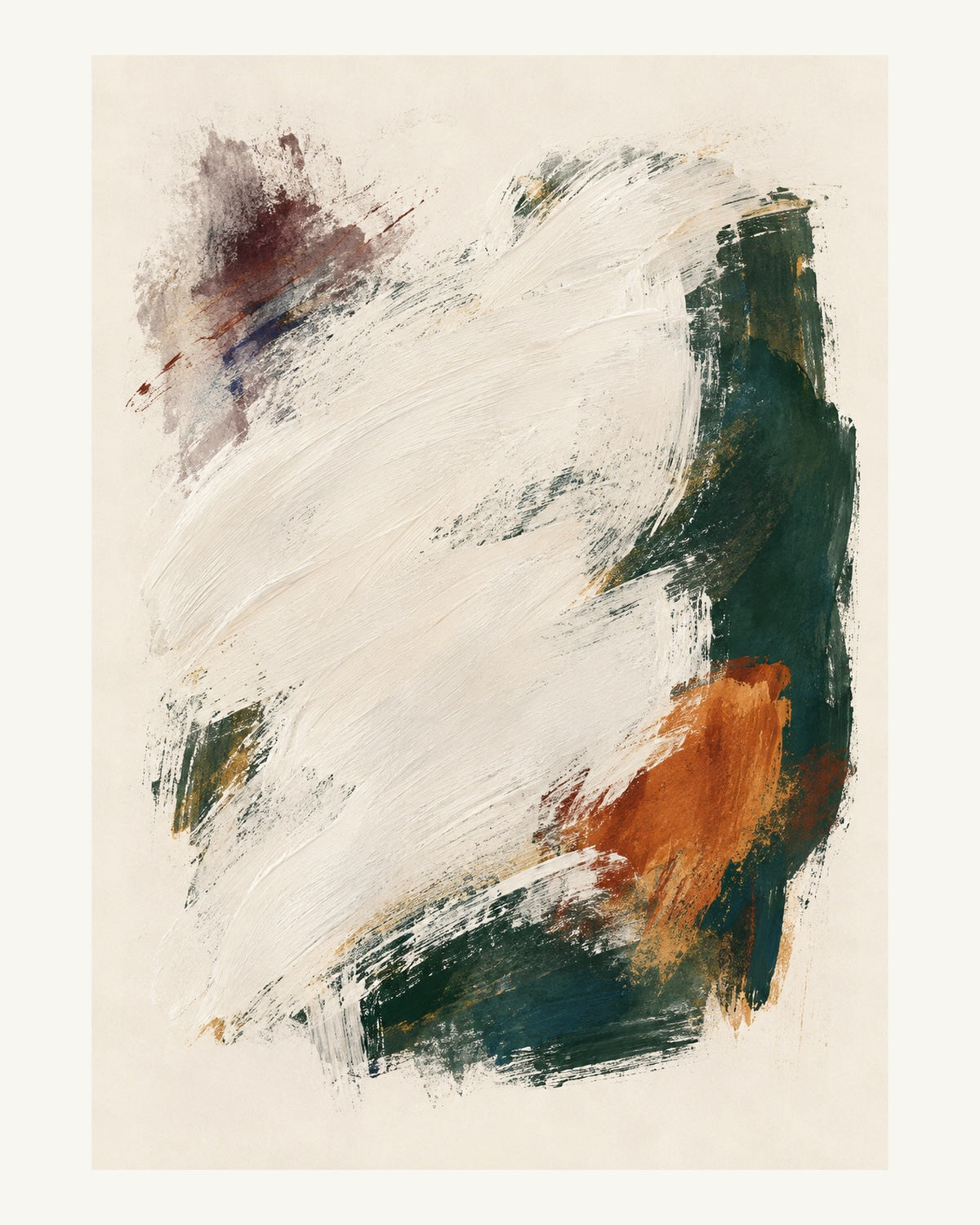 En djup grön yta skymtar under breda ljusa penseldrag med en varm orange accent. Format 40 × 50 cm med ljus marginal.
