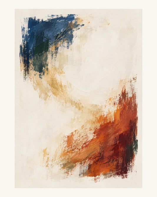 En stor ljus mitt ramas löst av mörkblått, rost och blek ockra. Format 40 × 50 cm med ljus marginal.