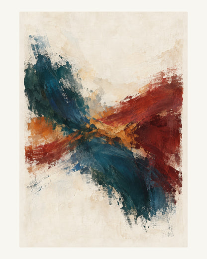 Två breda målade ytor i petrol och vinrött möts vid ett varmt ockraspår. Format 40 × 50 cm med ljus marginal.