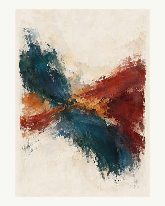 Två breda målade ytor i petrol och vinrött möts vid ett varmt ockraspår. Format 40 × 50 cm med ljus marginal.