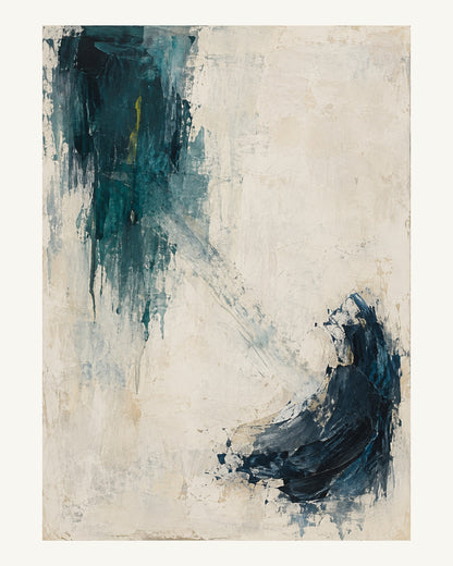 Två olika stora målade färgtyngder i teal och bläckblått möts över ett ljust mellanrum. Format 40 × 50 cm med ljus marginal.