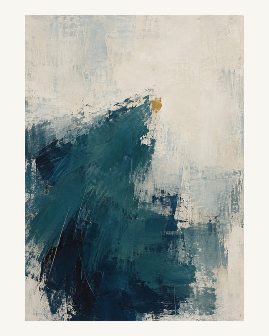 En bred tealfärgad svepning stannar i en ljus yta och visar mörkblå lager under sig. Format 40 × 50 cm med ljus marginal.