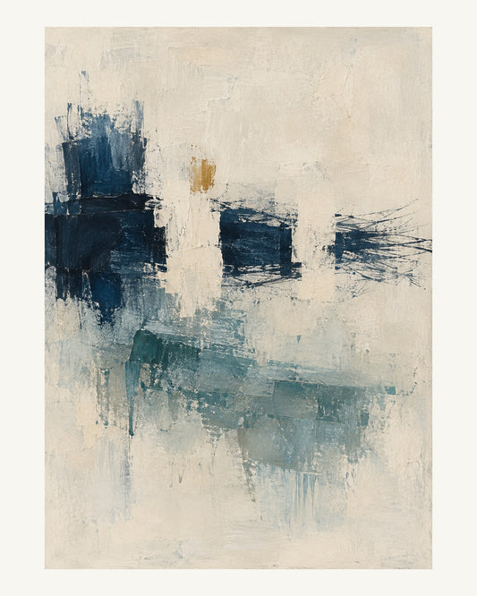 Ett avbrutet bläckblått penseldrag löper tvärs genom ljusa övermålningar och ett tunt tealfält. Format 40 × 50 cm med ljus marginal.