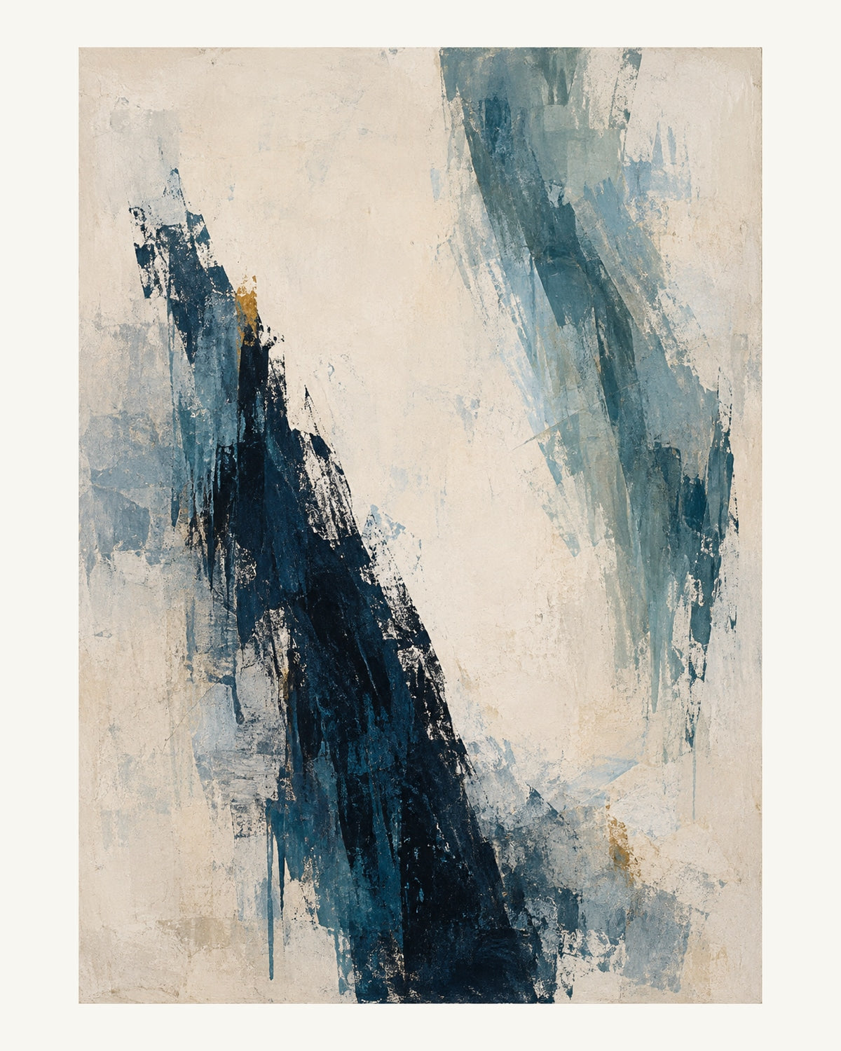 Två ofullständiga penseldrag i marinblått och blek teal närmar sig ett ljust mellanrum. Format 40 × 50 cm med ljus marginal.