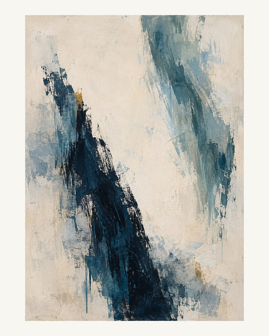 Två ofullständiga penseldrag i marinblått och blek teal närmar sig ett ljust mellanrum. Format 40 × 50 cm med ljus marginal.