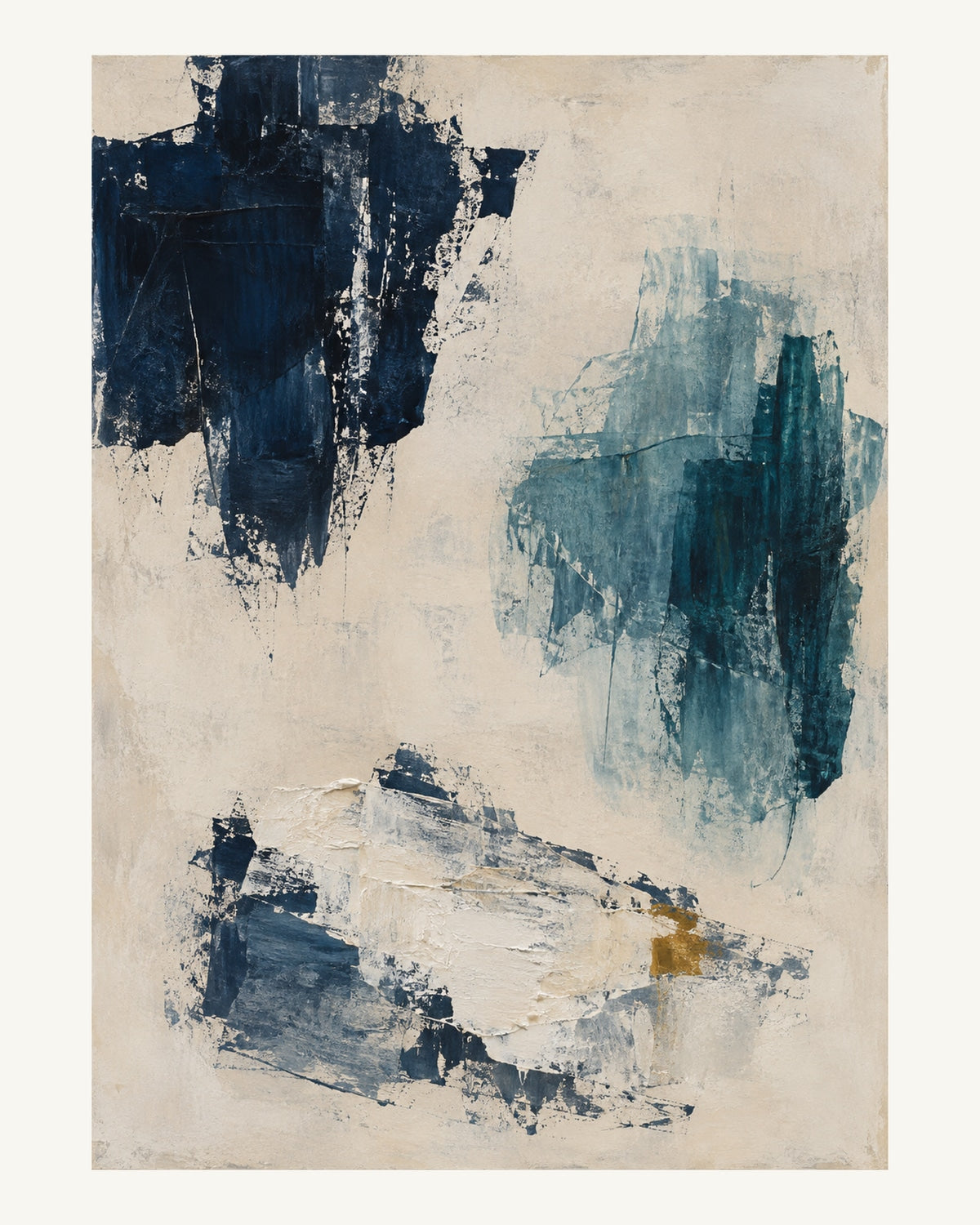 Tre olika målade fragment i blått, teal och kritvitt svarar mot varandra över stora ljusa ytor. Format 40 × 50 cm med ljus marginal.