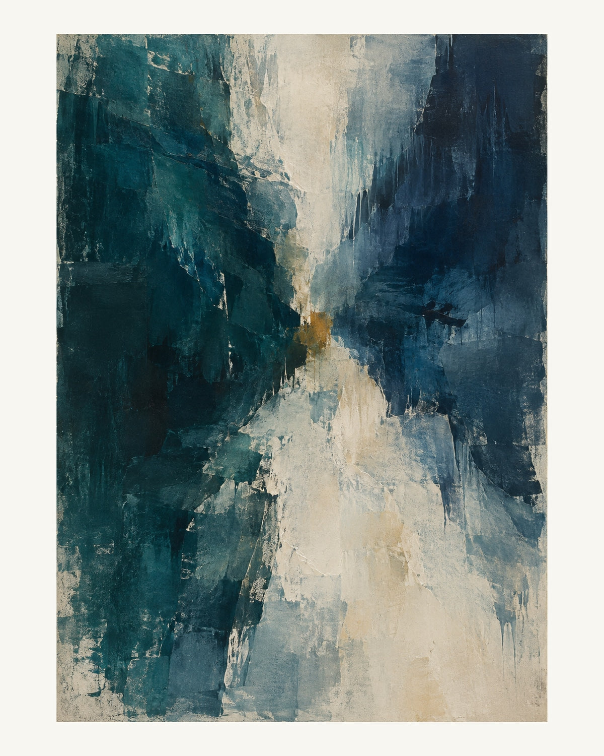 Ett ojämnt ljust stråk öppnar sig mellan mörk teal och tunna bläckblå färgskikt. Format 40 × 50 cm med ljus marginal.