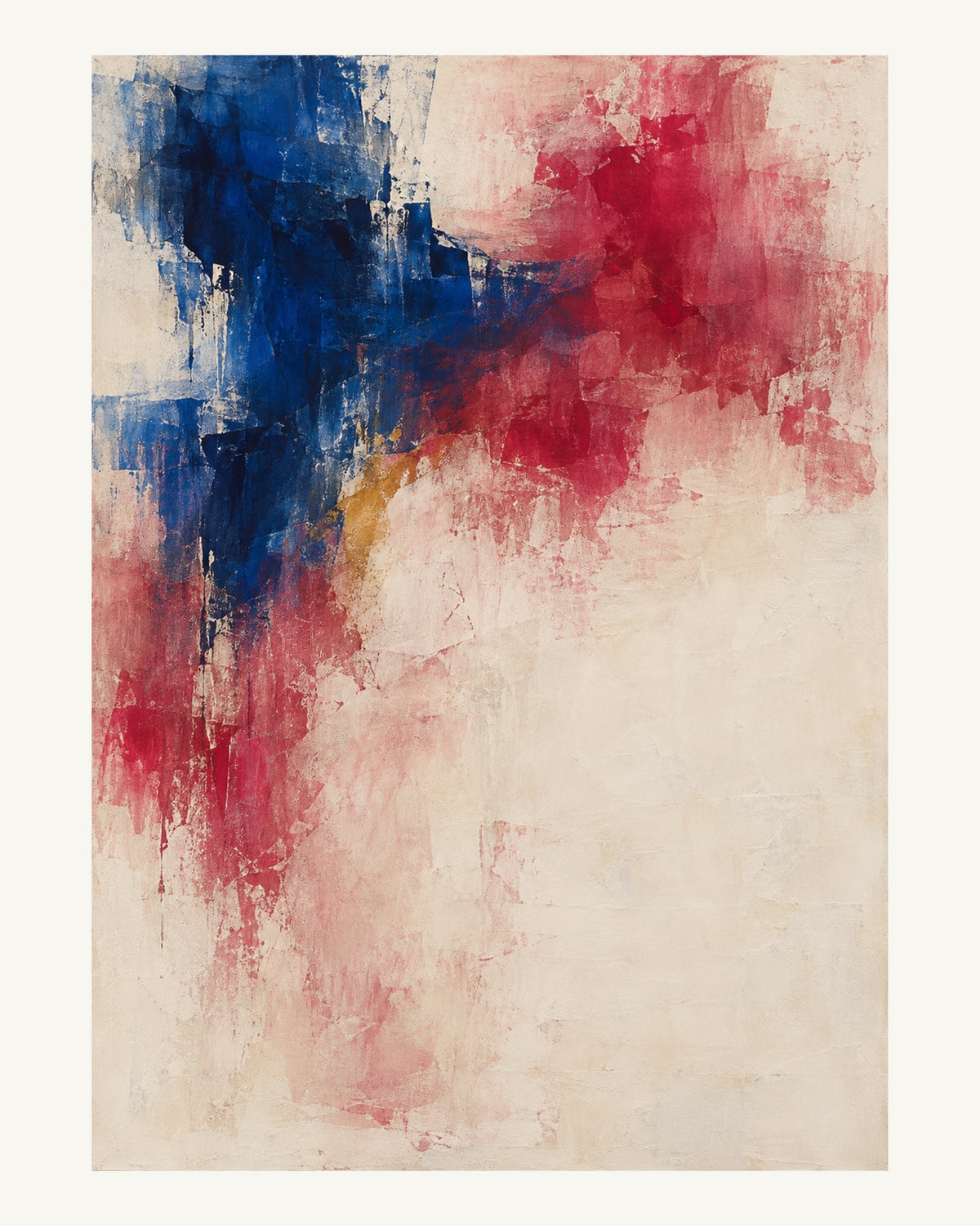 Hallonröda fläckar och ultramarinblå färgrester bryter fram ur en bearbetad ljus grund. Format 40 × 50 cm med ljus marginal.