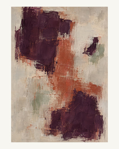 Tre ojämna plommonlila fragment återstår efter ljusa skrapningar över tegelröda lager. Format 40 × 50 cm med ljus marginal.