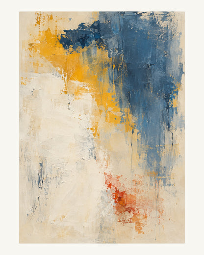 Ett tunt stålblått färgfält breder ut sig genom saffransgula kanter och bryts av en stor ljus övermålning. Format 40 × 50 cm med ljus marginal.
