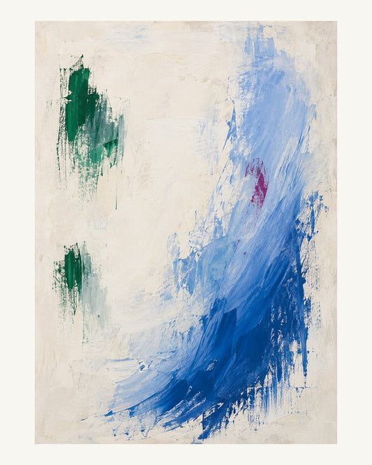 En blek koboltblå rörelse stiger genom ett ljust fält, bredvid två små smaragdgröna avtryck. Format 40 × 50 cm med ljus marginal.