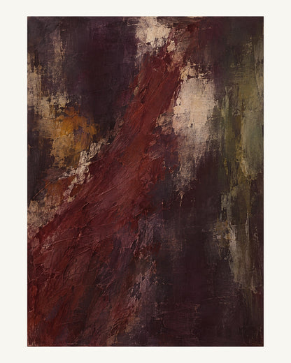 En kraftig oxblodsröd penselrörelse genom auberginefärgade lager, med kalkljusa öppningar och små inslag av oliv och ockra. Format 40 × 50 cm med ljus marginal.